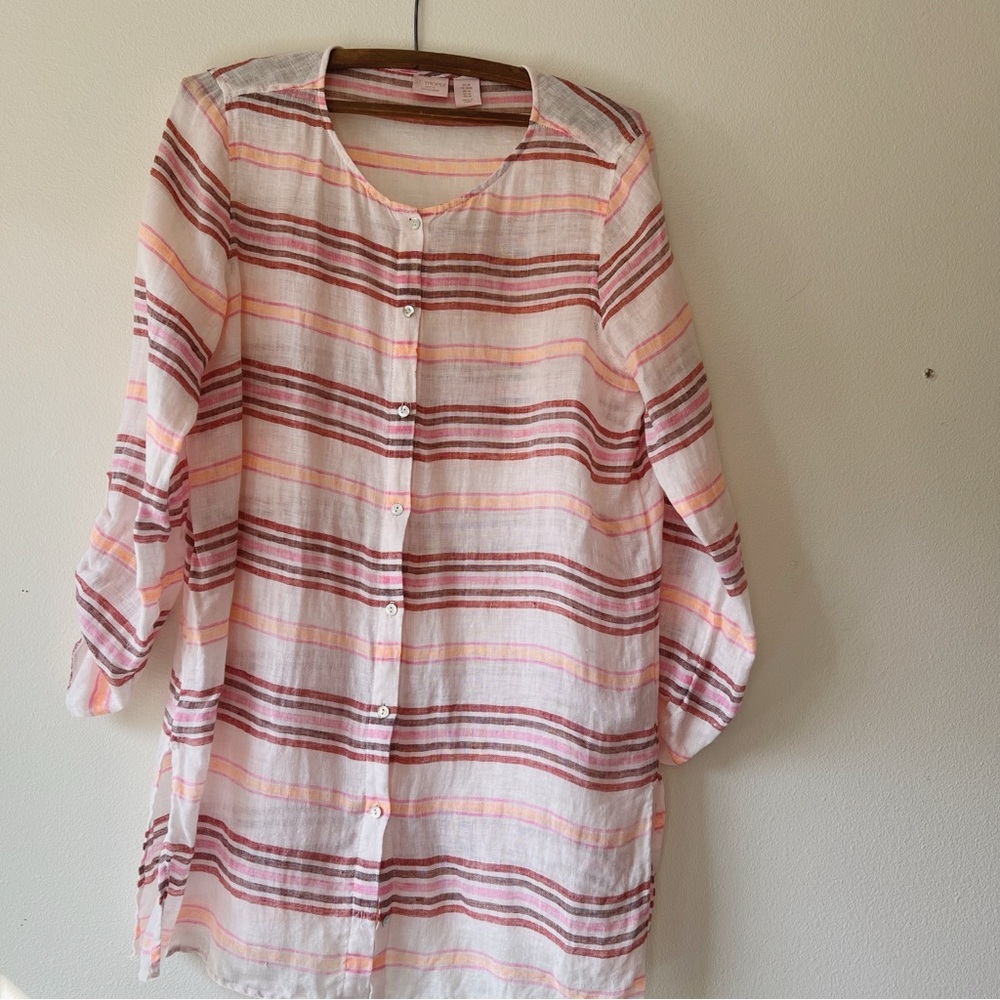 St Tropez striped linen long sleeve tunic button up shirt size‎ M